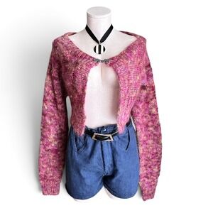 Hand Knit Pink & Beige Mohair Cropped Bolero Shrug Sweater S/M